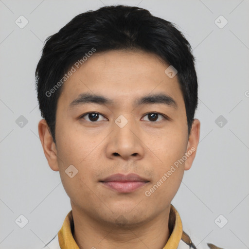 Neutral asian young-adult male with short  black hair and brown eyes