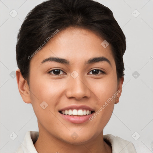 Joyful white young-adult female with short  brown hair and brown eyes