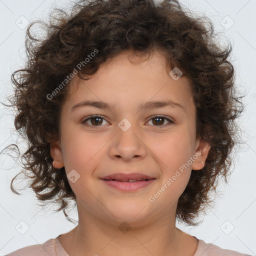 Joyful white child female with medium  brown hair and brown eyes