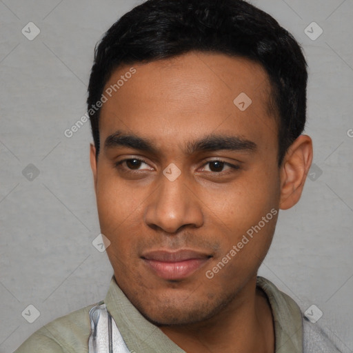 Joyful latino young-adult male with short  black hair and brown eyes