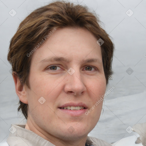 Joyful white adult female with short  brown hair and grey eyes