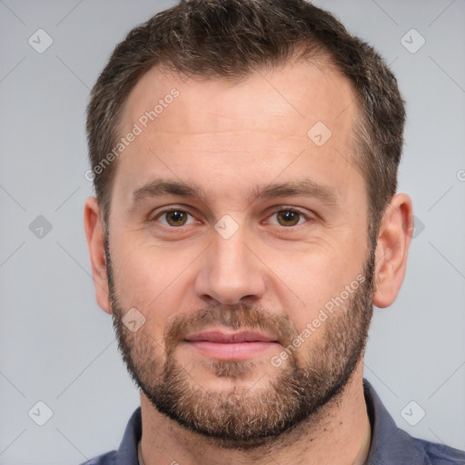 Neutral white young-adult male with short  brown hair and brown eyes