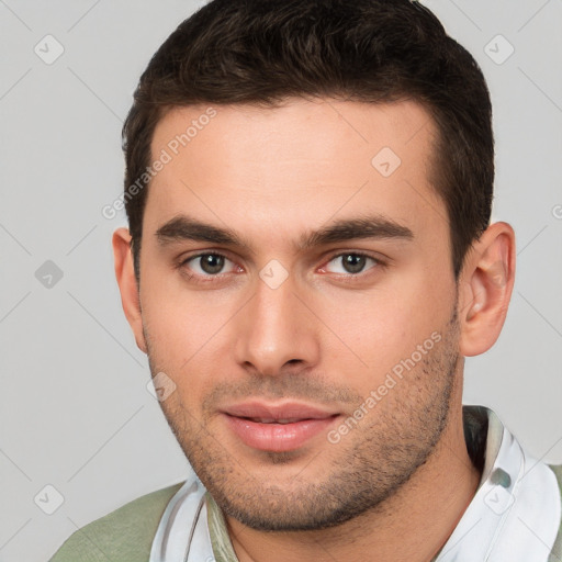 Neutral white young-adult male with short  brown hair and brown eyes