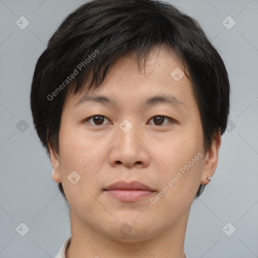 Neutral asian young-adult male with short  brown hair and brown eyes