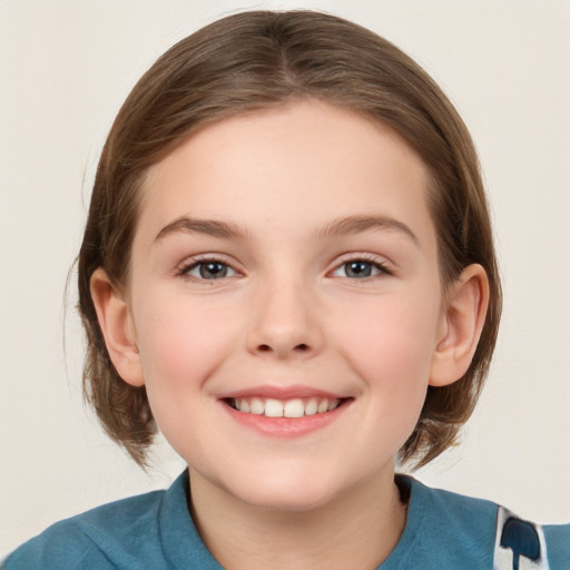 Joyful white child female with medium  brown hair and grey eyes