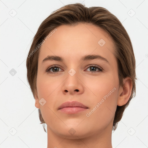 Neutral white young-adult female with medium  brown hair and brown eyes