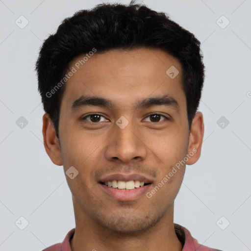 Joyful latino young-adult male with short  black hair and brown eyes