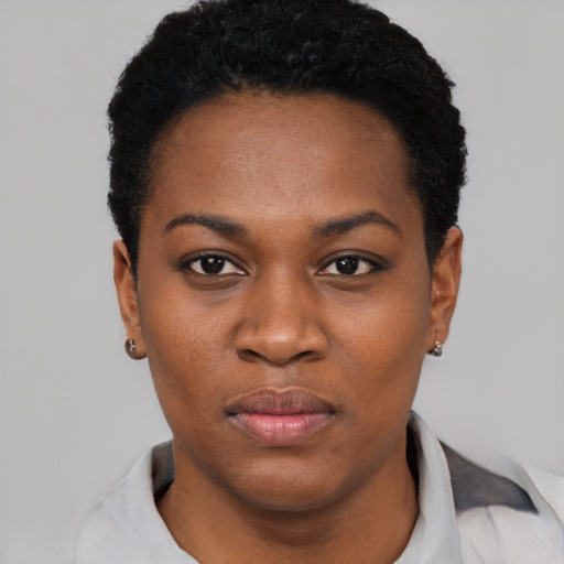 Joyful black young-adult female with short  black hair and brown eyes