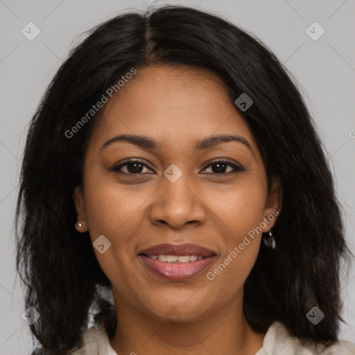 Joyful black young-adult female with medium  brown hair and brown eyes