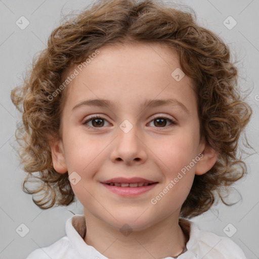 Joyful white child female with medium  brown hair and brown eyes