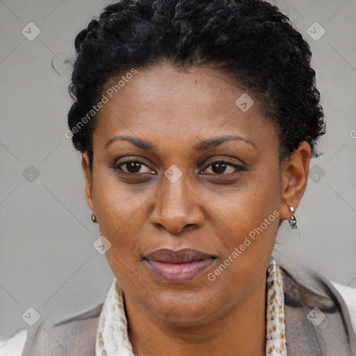 Joyful black adult female with short  brown hair and brown eyes