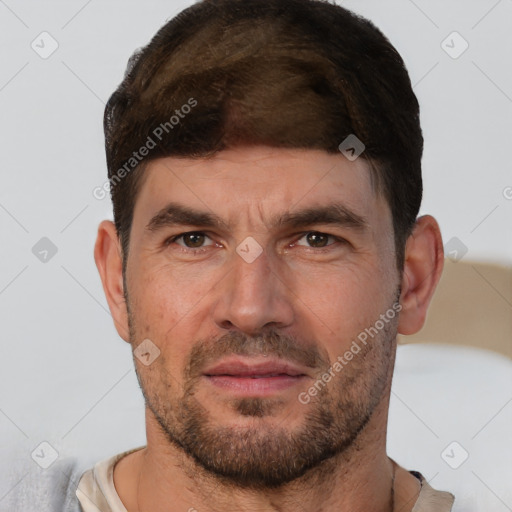Neutral white young-adult male with short  brown hair and brown eyes