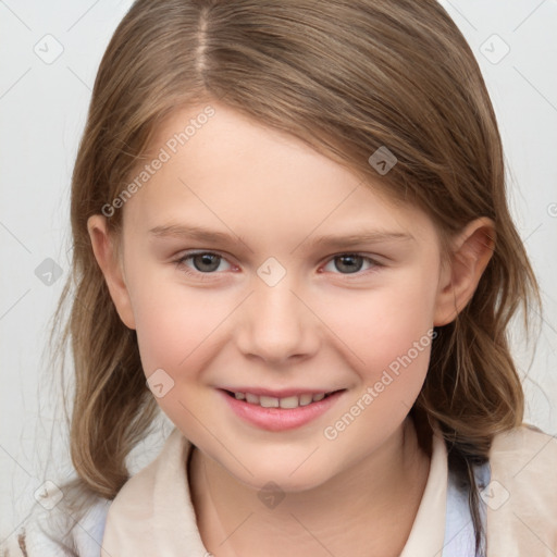 Joyful white child female with medium  brown hair and grey eyes