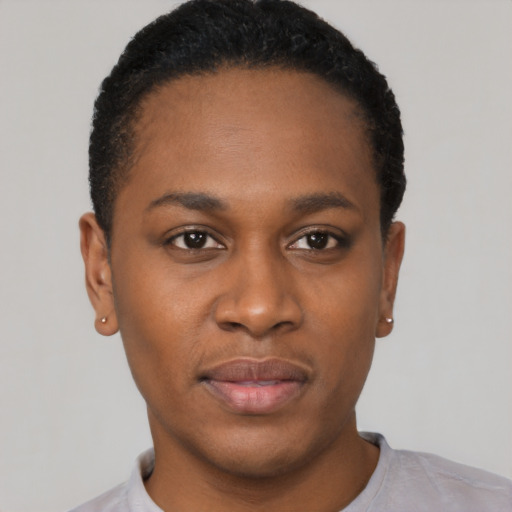 Neutral black young-adult female with short  black hair and brown eyes