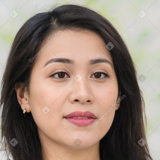 Joyful asian young-adult female with long  brown hair and brown eyes