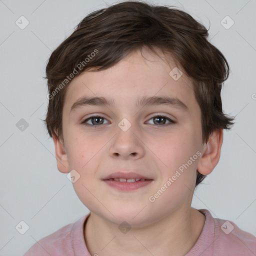 Joyful white child male with short  brown hair and brown eyes