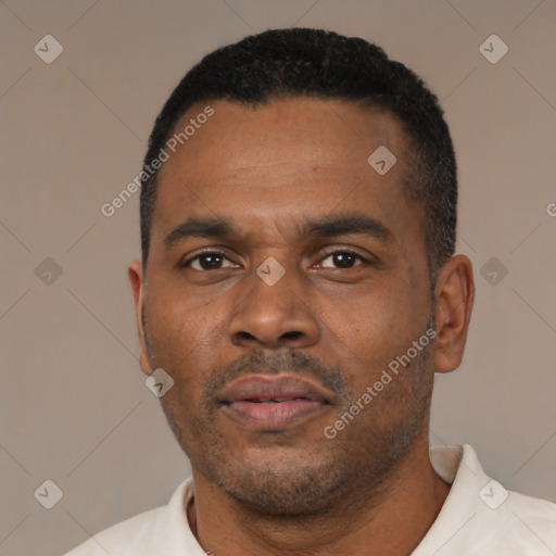 Neutral black young-adult male with short  black hair and brown eyes