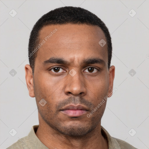 Neutral latino adult male with short  black hair and brown eyes