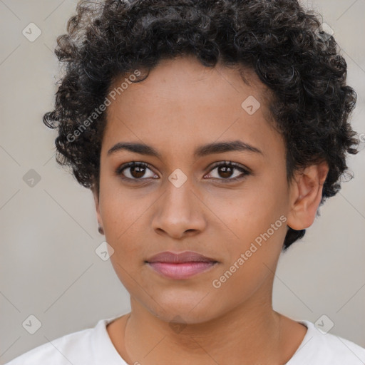 Neutral latino young-adult female with short  brown hair and brown eyes