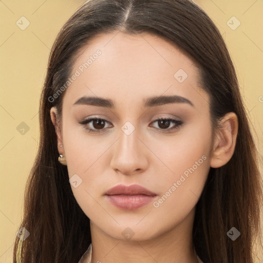 Neutral white young-adult female with long  brown hair and brown eyes