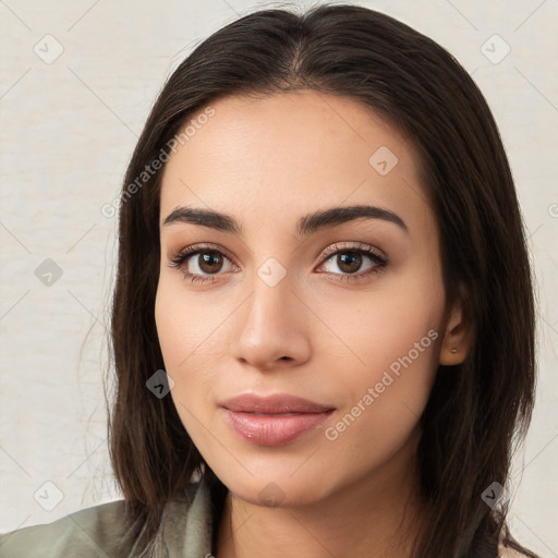 Neutral white young-adult female with long  brown hair and brown eyes