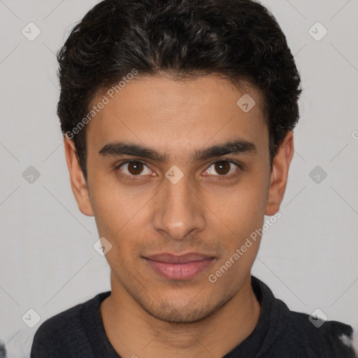 Neutral white young-adult male with short  black hair and brown eyes