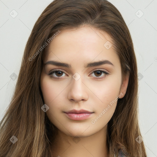 Neutral white young-adult female with long  brown hair and brown eyes