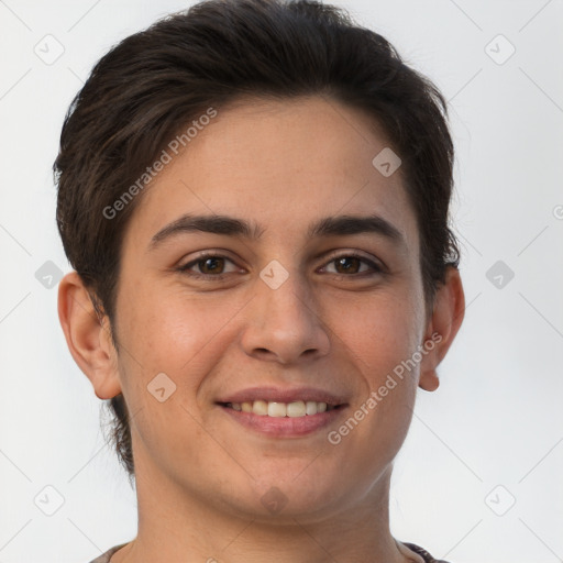 Joyful white young-adult female with short  brown hair and brown eyes