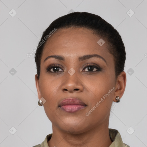 Neutral black young-adult female with short  brown hair and brown eyes