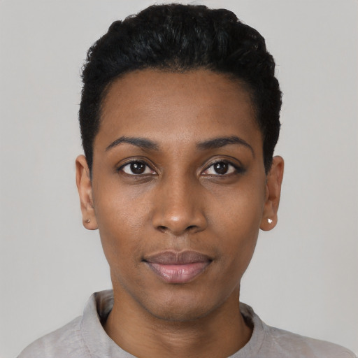Neutral black young-adult female with short  black hair and brown eyes