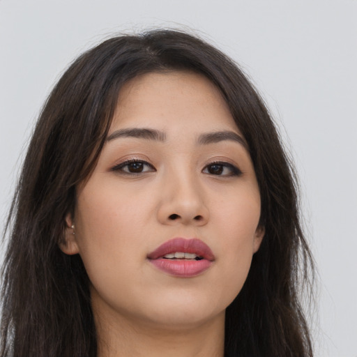 Neutral asian young-adult female with long  brown hair and brown eyes