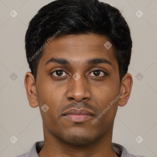Neutral latino young-adult male with short  black hair and brown eyes