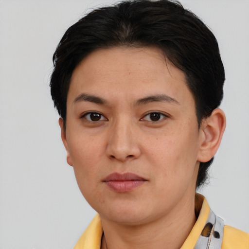 Neutral asian young-adult female with short  brown hair and brown eyes