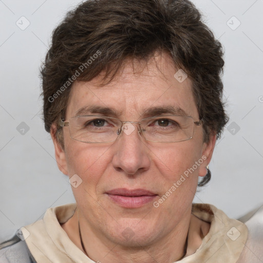 Joyful white middle-aged female with short  brown hair and brown eyes