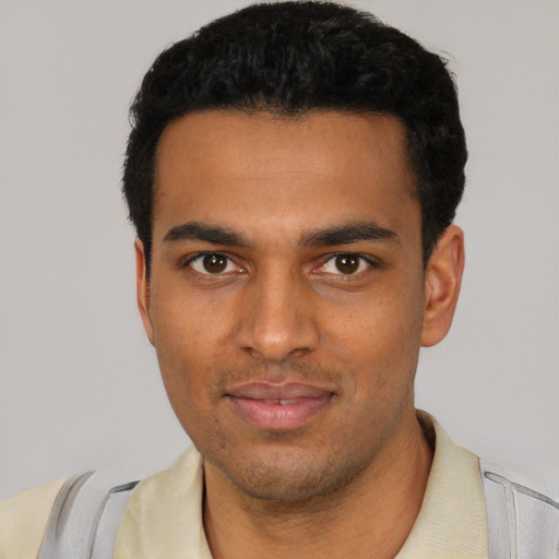 Neutral black young-adult male with short  black hair and brown eyes