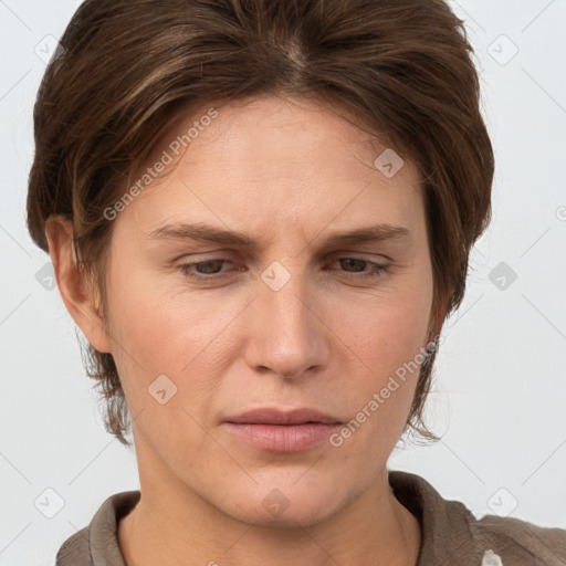 Neutral white young-adult female with short  brown hair and brown eyes