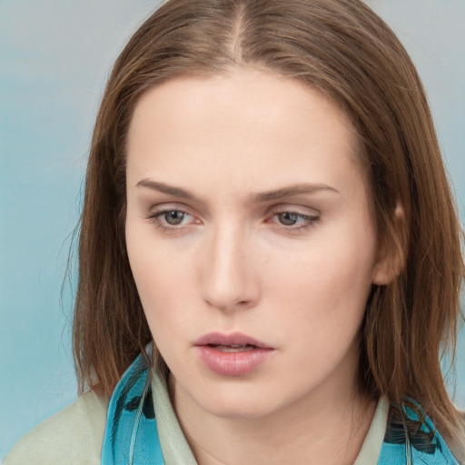 Neutral white young-adult female with medium  brown hair and grey eyes