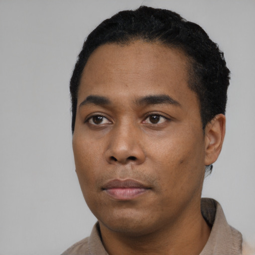 Neutral black young-adult male with short  black hair and brown eyes