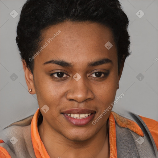 Joyful black young-adult female with short  brown hair and brown eyes