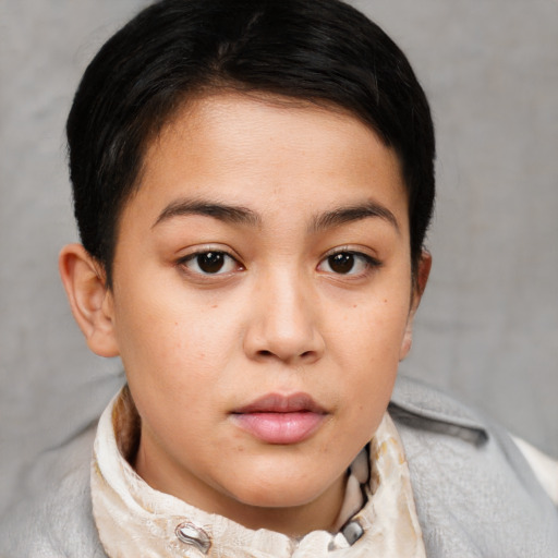 Neutral white young-adult female with short  brown hair and brown eyes