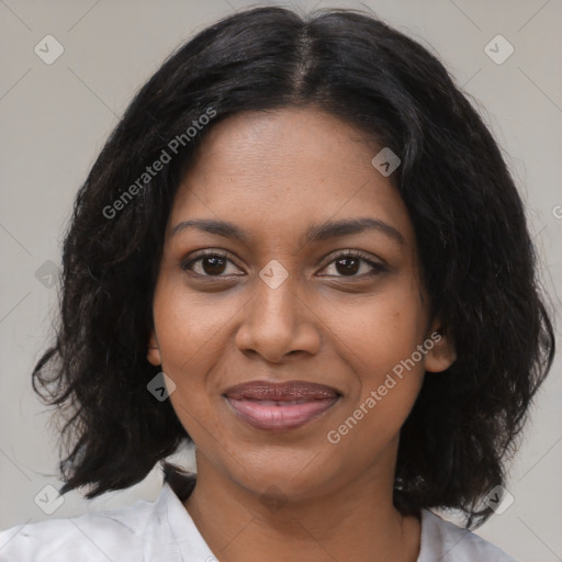 Joyful black young-adult female with medium  black hair and brown eyes