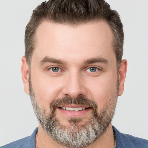 Joyful white adult male with short  brown hair and brown eyes