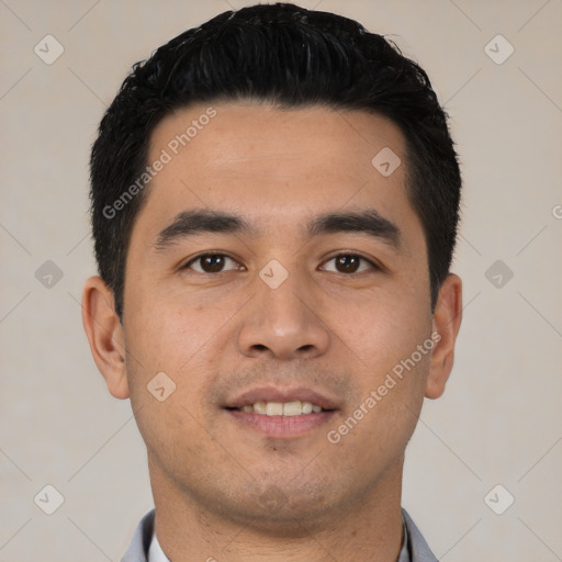 Neutral asian young-adult male with short  black hair and brown eyes