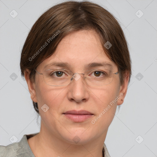 Joyful white adult female with short  brown hair and grey eyes