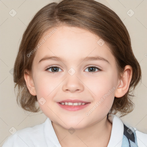 Joyful white child female with medium  brown hair and brown eyes