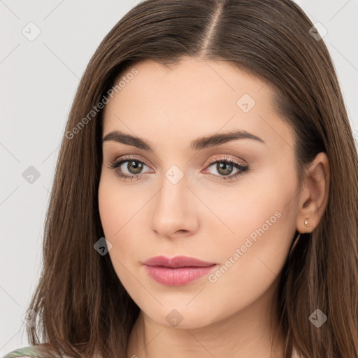 Neutral white young-adult female with long  brown hair and brown eyes