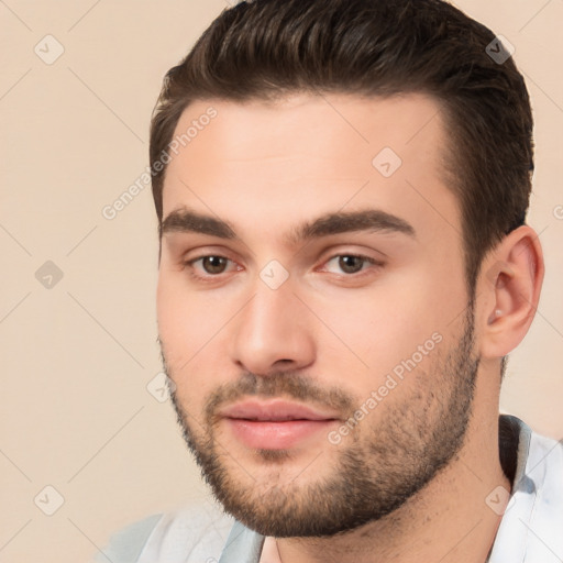 Neutral white young-adult male with short  brown hair and brown eyes