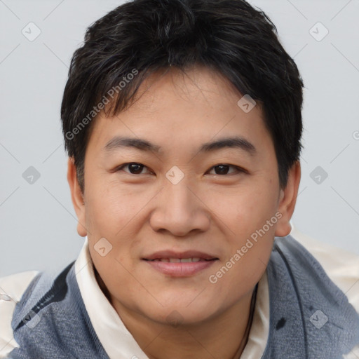 Joyful asian young-adult male with short  brown hair and brown eyes