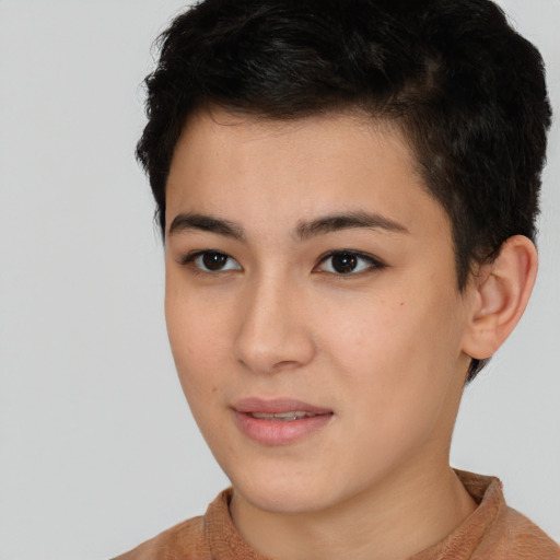 Neutral white young-adult female with short  brown hair and brown eyes