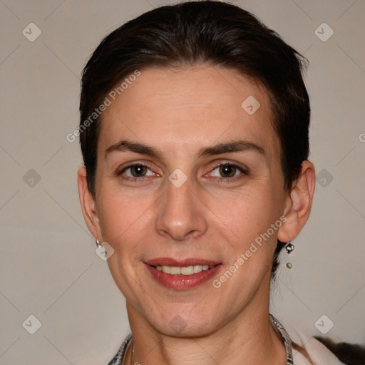 Joyful white adult female with short  brown hair and brown eyes